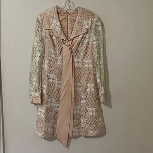 Cream and Peach Lace Crochet Satin Overlay 1960s Swing style Mini Dress